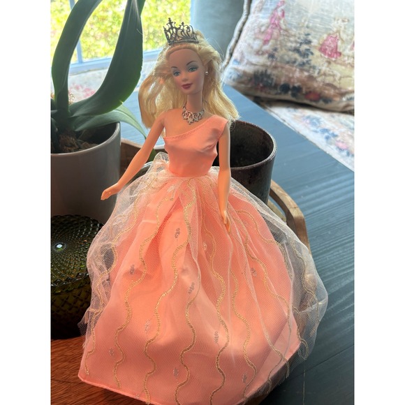 Barbie Other - VTG Mattel Barbie Peach One Shoulder Tulle Gown Tiara Necklace Pink Heels 1991
